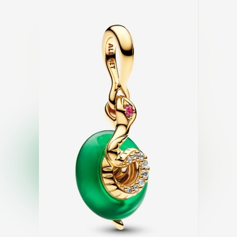 Authentic NEW Pandora Snake Green Murano Glass Dangle Charm 14KGP CZ
